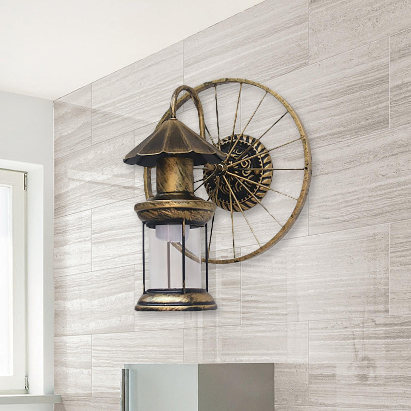Frendorf | Zwarte/Bronzen Lantaarn Wandlamp Vintage Industrieel Metaal 1 Verlichting Restaurant Wandlamp met Wieldecoratie