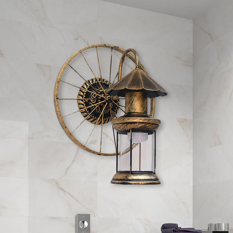 Frendorf | Zwarte/Bronzen Lantaarn Wandlamp Vintage Industrieel Metaal 1 Verlichting Restaurant Wandlamp met Wieldecoratie