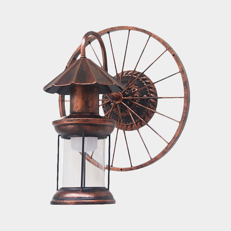 Frendorf | Zwarte/Bronzen Lantaarn Wandlamp Vintage Industrieel Metaal 1 Verlichting Restaurant Wandlamp met Wieldecoratie