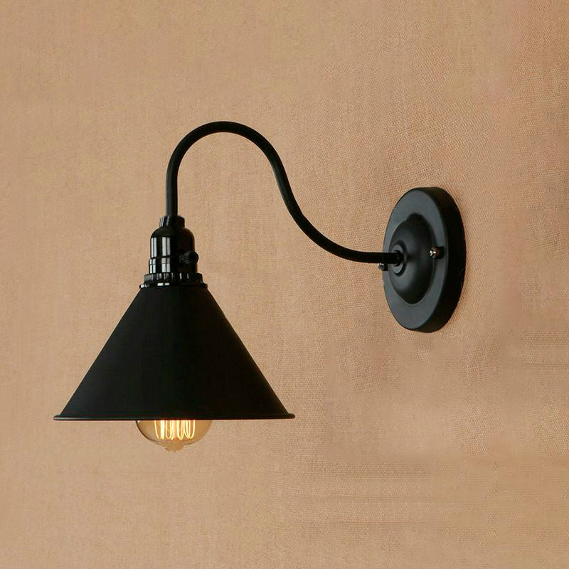 Frendorf | Retro stilvolle konische Wandbeleuchtung 1 Glühbirne Metall Stecker-Sconce Lampe mit Schwanenhalsarm in Mattschwarz für die Veranda