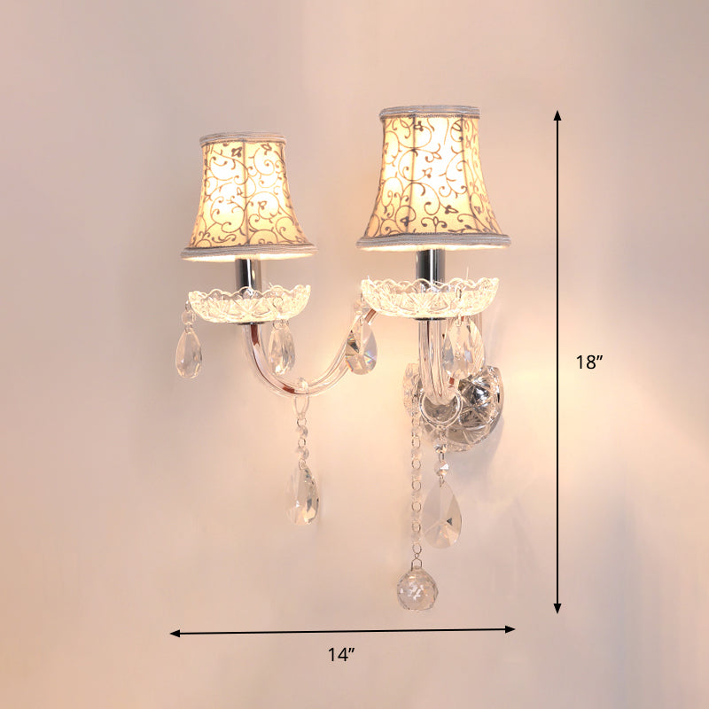 Frendorf | 2 Köpfe Wandleuchte mit Glockenschirm Blumenmuster Stoff Traditionelle Schlafzimmer Wandleuchte mit Kristalltropfen