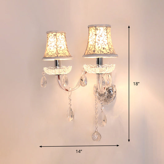 Frendorf | 2 Köpfe Wandleuchte mit Glockenschirm Blumenmuster Stoff Traditionelle Schlafzimmer Wandleuchte mit Kristalltropfen