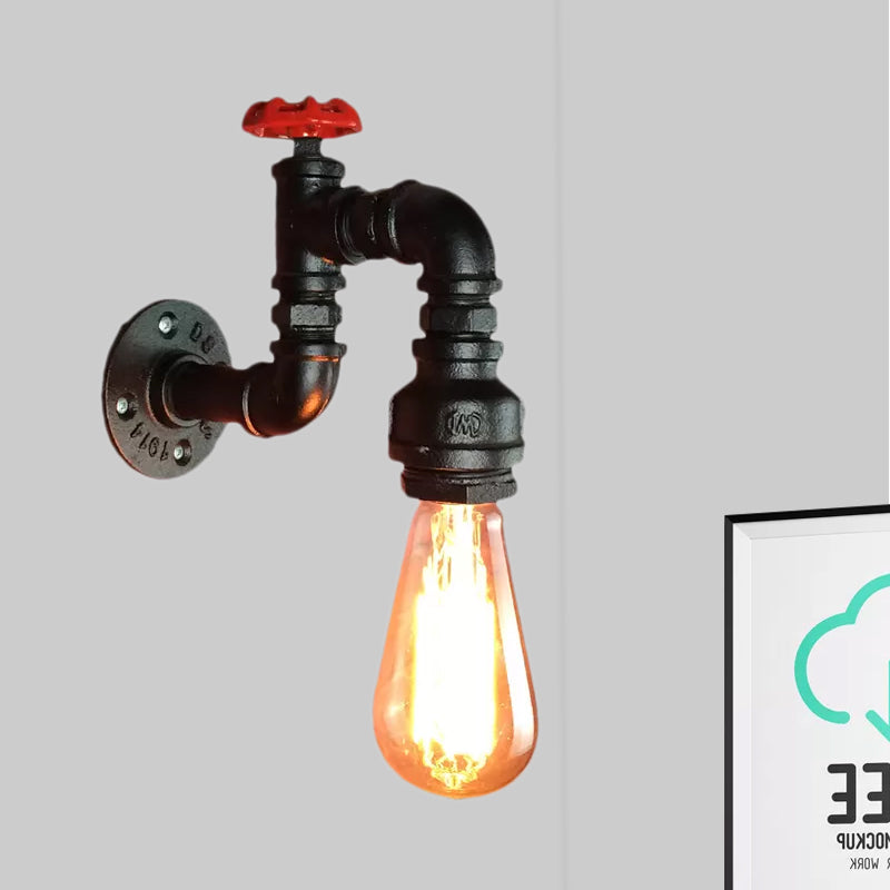 Frendorf | Schwarze 1 Kopf Wand Sconce Licht Rustikal Industrie Metallrohr Wandlampe mit rohem Wasserhahnventil für Wohnzimmer