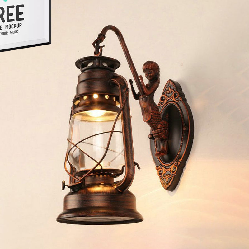 Frendorf | One Bulb Wandlamp met Lantaarn Schaduw Helder Glas Kust Slaapkamer Wandlamp in Zwart/Antiek Messing/Verweerd Koper met Zeemeermin