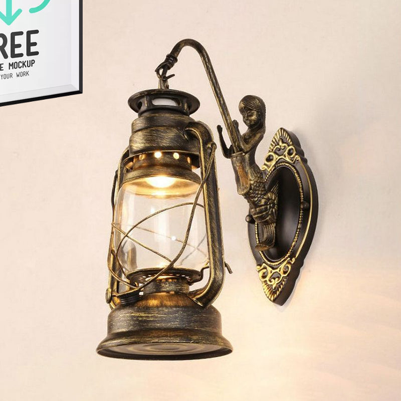 Frendorf | One Bulb Wandlamp met Lantaarn Schaduw Helder Glas Kust Slaapkamer Wandlamp in Zwart/Antiek Messing/Verweerd Koper met Zeemeermin