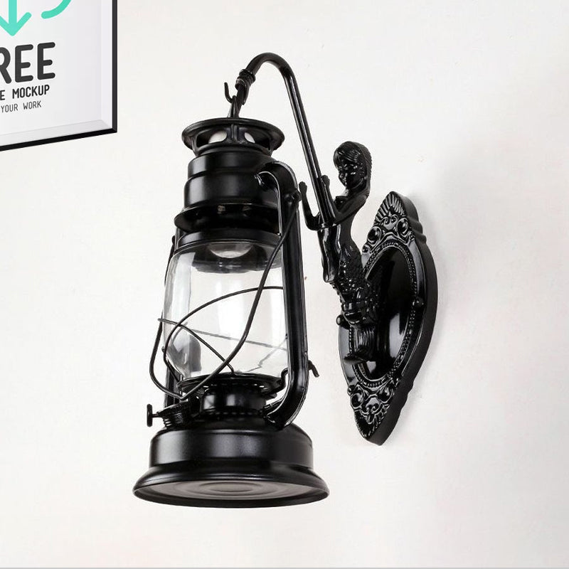 Frendorf | One Bulb Wandlamp met Lantaarn Schaduw Helder Glas Kust Slaapkamer Wandlamp in Zwart/Antiek Messing/Verweerd Koper met Zeemeermin