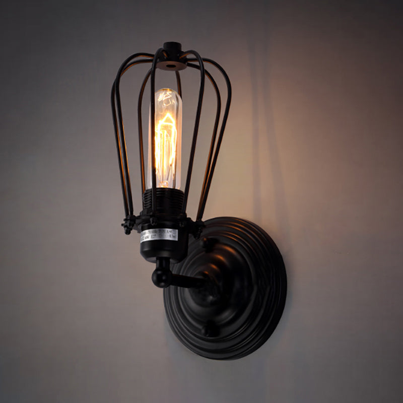 1 Kopf Wand Sconces Licht mit Glühbirne Käfig Schirm Metall Industrie Rustikal Flur Wandbeleuchtung in Schwarz, 2 Packs