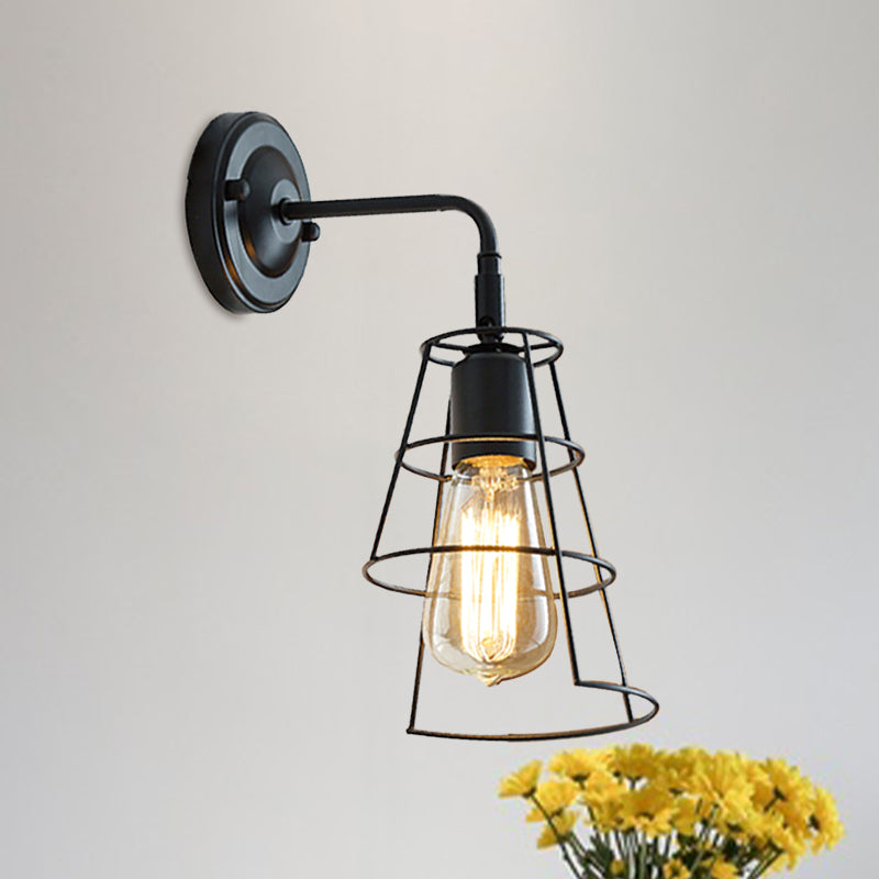 Frendorf | Vintage Style Conic Cage Wandlamp met Gebogen Arm 1 Licht Metaal Wandlamp in Zwart/Wit