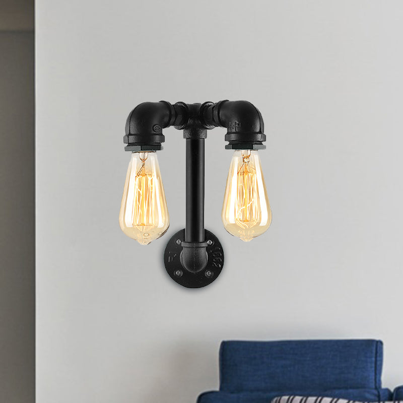 Frendorf | 2 Lichten Wandverlichting met Pijp en Open Gloeilamp Metaal Magazijnstijl Badkamer Wandlamp in Brons/Zwart