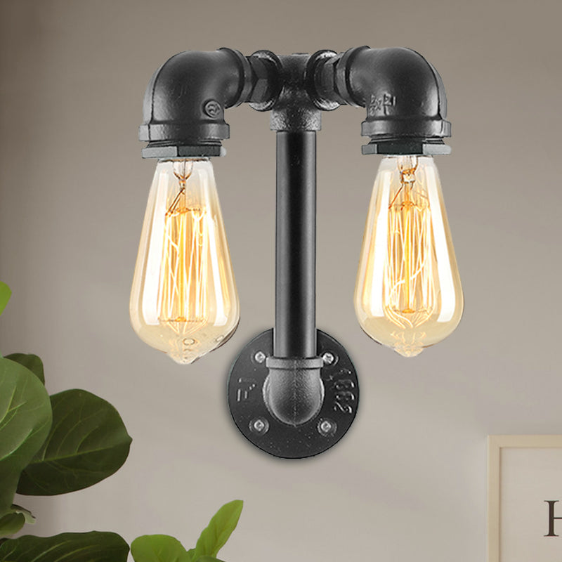 Frendorf | 2 Lichten Wandverlichting met Pijp en Open Gloeilamp Metaal Magazijnstijl Badkamer Wandlamp in Brons/Zwart