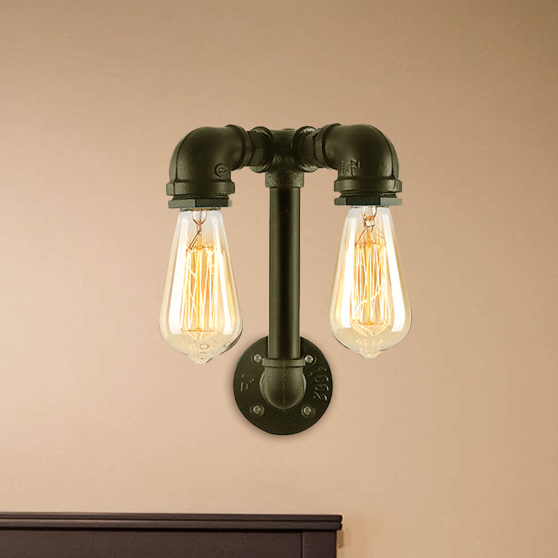 Frendorf | 2 Lichten Wandverlichting met Pijp en Open Gloeilamp Metaal Magazijnstijl Badkamer Wandlamp in Brons/Zwart