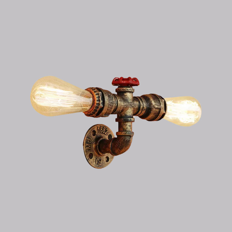 Frendorf | Bronze/Antiek Messing 2 Koppen Wandlamp Fixture Warehouse Style Smeedijzeren Kale Gloeilamp Sconcelamp met Pijp en Klep