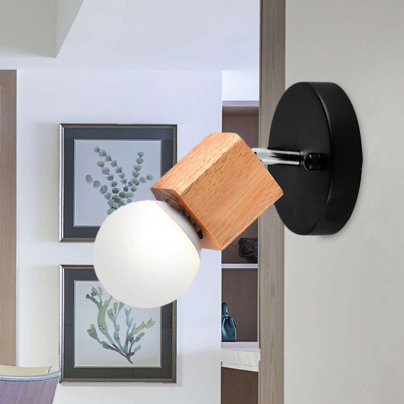 Frendorf | Zwart/Wit 1 Hoofdwandlamp Sconces Industrieel Stijl Houten Vierkante Wandmontage Lamp met Circulaire Wandplaat