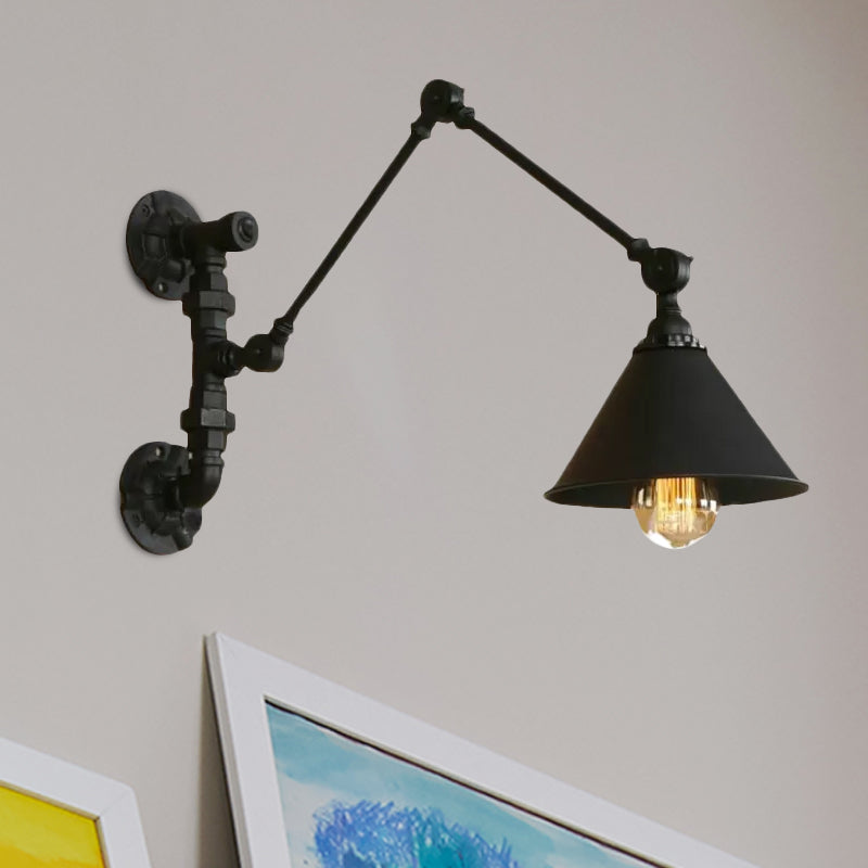 Frendorf | Swing Arm Schlafzimmer Wand Sconce Industrielles Metall 1 Licht Schwarze Wandmontage Lampe mit Kegelshade, 7"/8.5" Breit