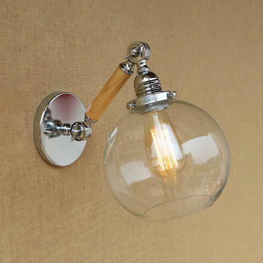 Frendorf | Vintage Orb Wandverlichting Armatuur 1 Lamp Helder Glas Wandlamp in Chroom voor Badkamer, 8"/4"/6" Brede Houten Arm