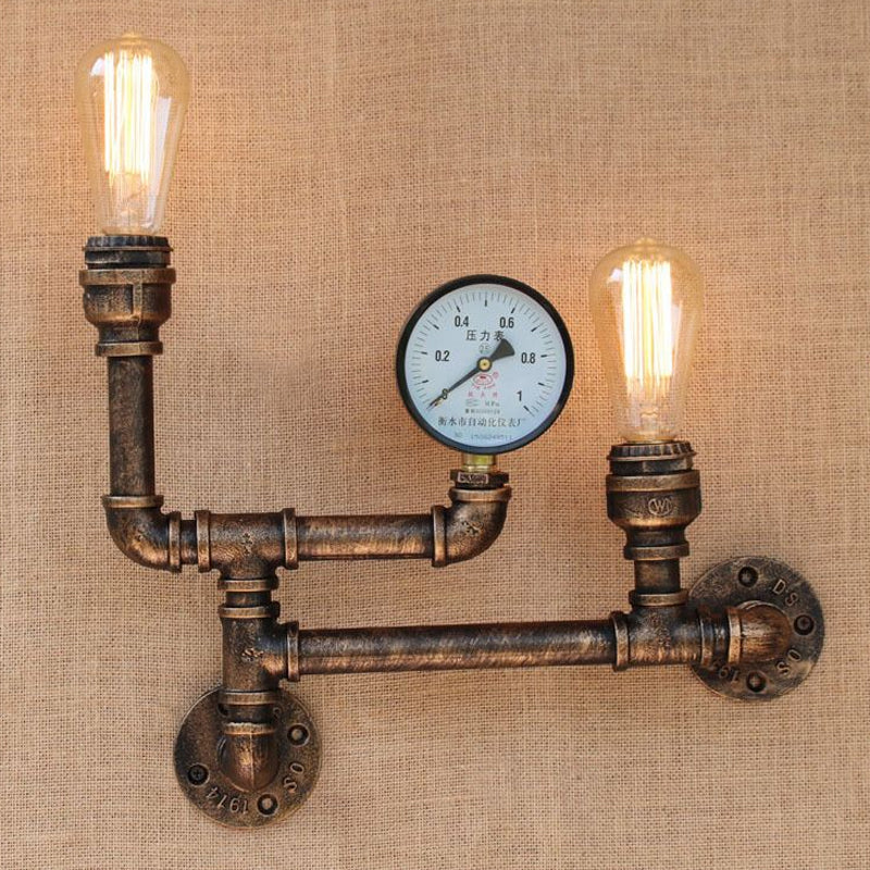 Frendorf | 2 Lichter Eisen Wandlicht Vintage Antik Messing Freiliegende Glühbirne Wohnzimmer Wandmontage Lampe mit Manometer