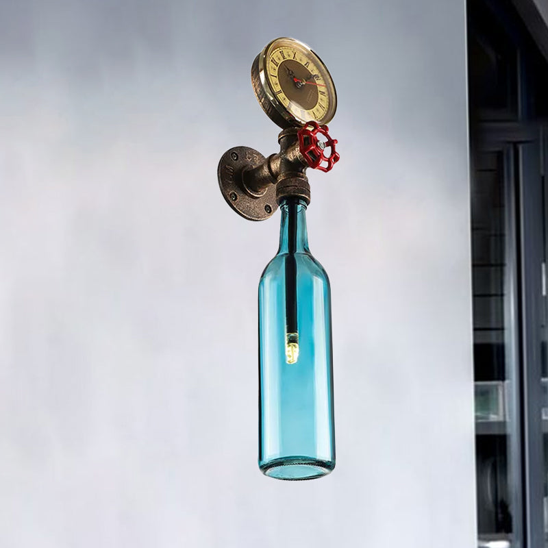Frendorf | Braun/Blaue Flasche Wand Scone Lampe Vintage Stilvolle Glas 1 Glühbirne Wohnzimmer Wandbeleuchtung mit Manometer und Ventil