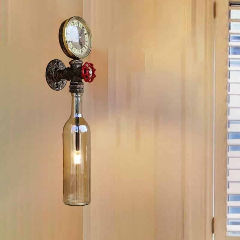 Frendorf | Braun/Blaue Flasche Wand Scone Lampe Vintage Stilvolle Glas 1 Glühbirne Wohnzimmer Wandbeleuchtung mit Manometer und Ventil