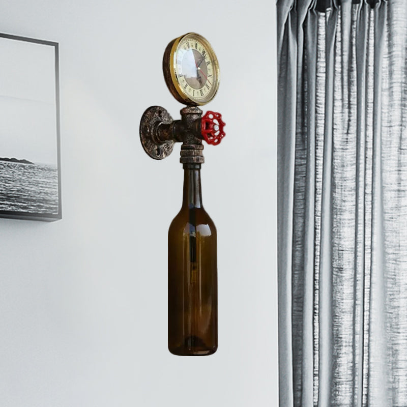 Frendorf | Braun/Blaue Flasche Wand Scone Lampe Vintage Stilvolle Glas 1 Glühbirne Wohnzimmer Wandbeleuchtung mit Manometer und Ventil