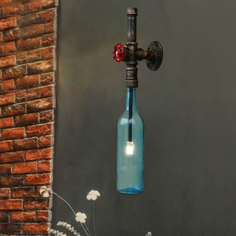Frendorf | Glas wijnfles muurverlichting rustiek industrieel 1 licht restaurant blauw/doorzichtig wandlamp licht met rode klep