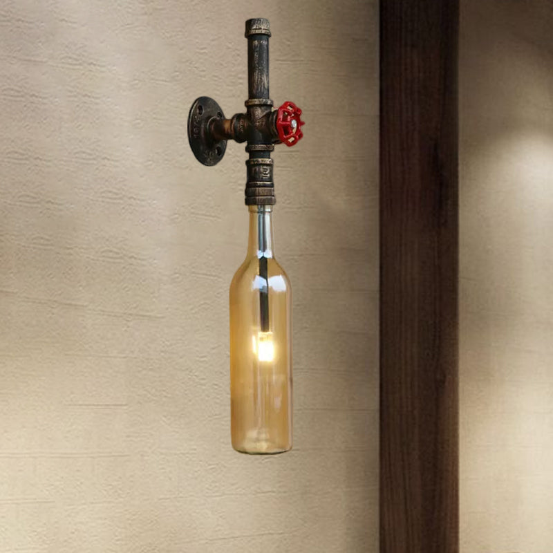 Frendorf | Glas wijnfles muurverlichting rustiek industrieel 1 licht restaurant blauw/doorzichtig wandlamp licht met rode klep