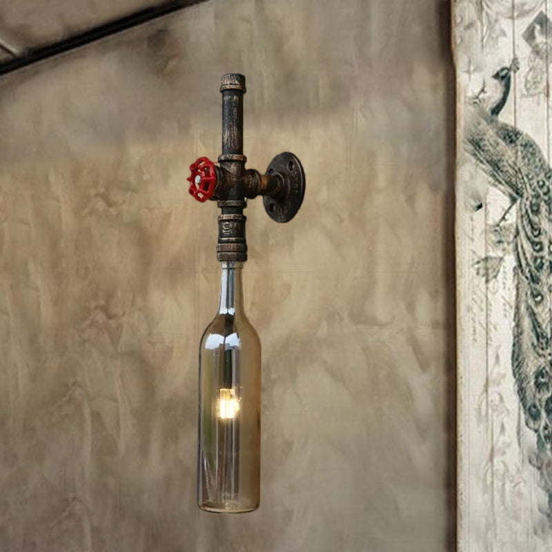 Frendorf | Glas wijnfles muurverlichting rustiek industrieel 1 licht restaurant blauw/doorzichtig wandlamp licht met rode klep