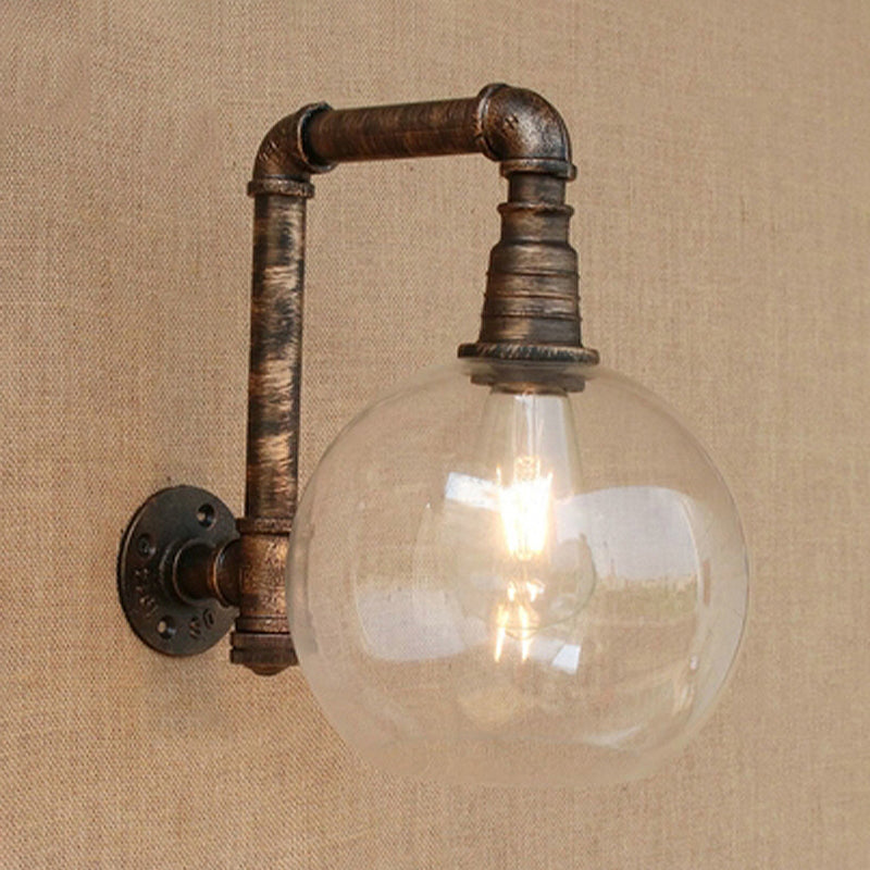 Frendorf | Globe Stairway Wandlamp Industrieel Duidelijk Glas 1 Licht Verouderd Messing Wandmontage Licht met Hoekpijp, 8"/10" Breedte