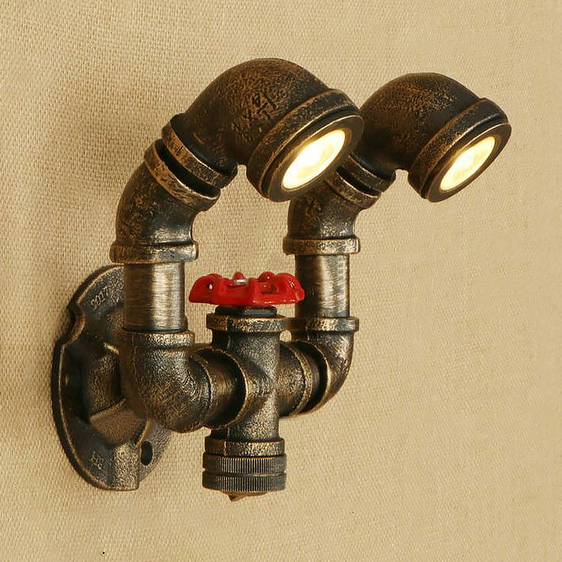 Frendorf | Gealterted Messing 2 Lichten Wandlicht Fixture Rustiek Stijlvol Smeedijzeren Pijp Wandmontage Licht met Waterklep