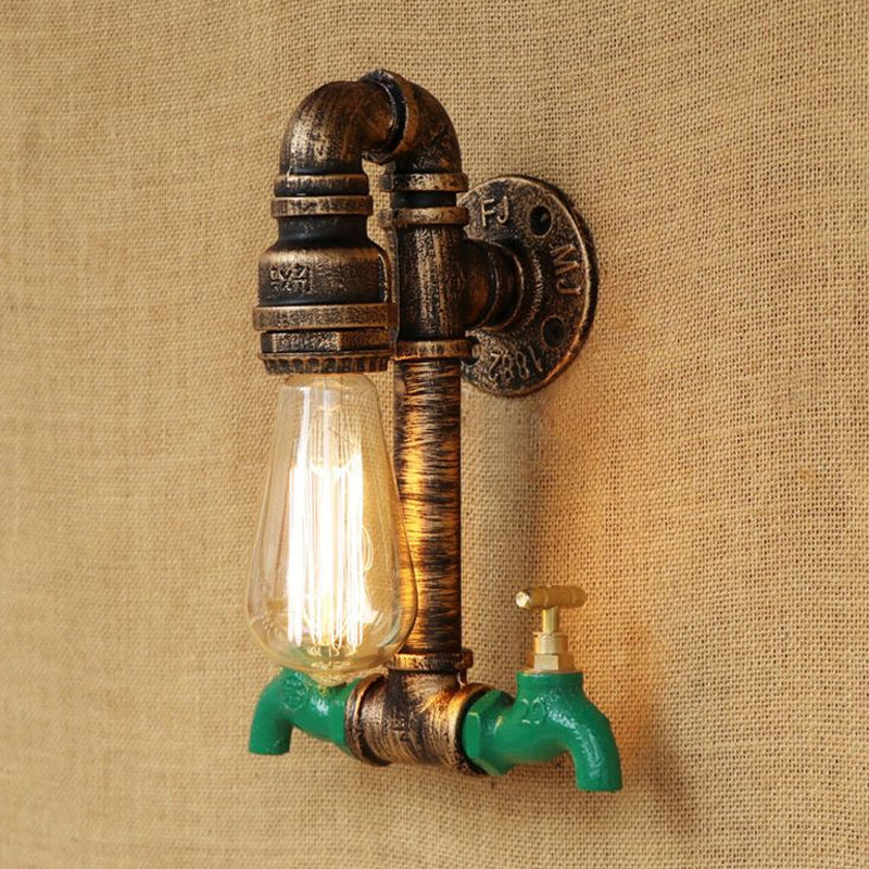 Frendorf | Doppelter Wasserhahn Metall Wandbeleuchtung Fixture Vintage 1 Licht Wohnzimmer Wandmontage Licht mit Rohr in gealtertem Messing