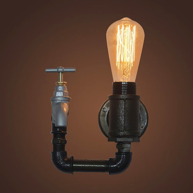 Frendorf | Schwarze Wasserrohr-Wandleuchte Industrielles Metall 1 Licht Wohnzimmer Mini Wandleuchte mit Druckmesser/Armatur Dekoration