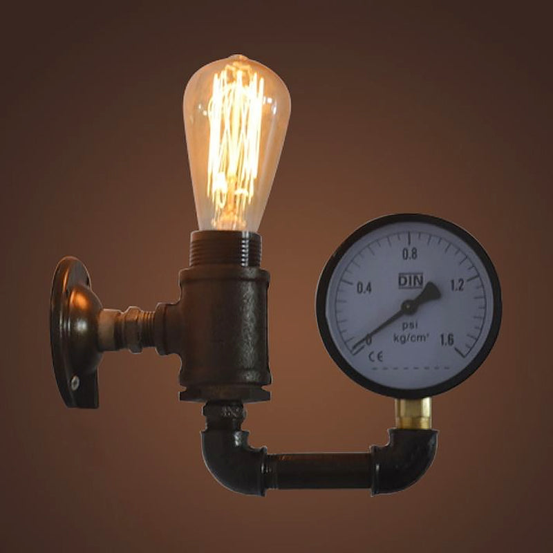 Frendorf | Schwarze Wasserrohr-Wandleuchte Industrielles Metall 1 Licht Wohnzimmer Mini Wandleuchte mit Druckmesser/Armatur Dekoration