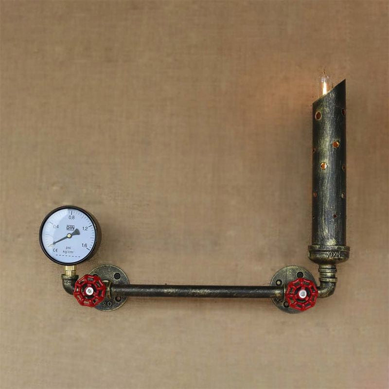 Frendorf | Gegoten IJzeren Buis Wandlamp met Ventiel en Manometer Vintage 1 Licht Woonkamer Wandlamp in Verouderd Messing/Zwart