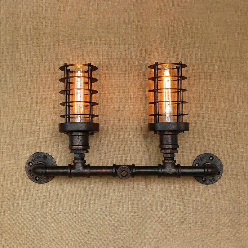 Frendorf | Steampunk Stil Zylinder Wandlampe mit Drahtgestell 2 Köpfen Eisen Wandleuchte in Gealtertem Bronze für Wohnzimmer