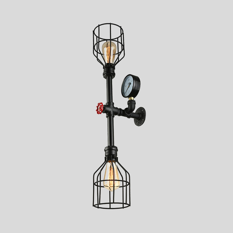 Frendorf | Metalen Kooi Schaduw Wandlamp Fixture Industrieel 2 Lampen Woonkamer Wandverlichting met Gauge en Pijp in Zwart
