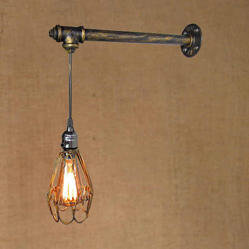 Frendorf | 1 Kopf Eisen Wandlampe Rustikaler Stil Antikes Messing Käfigschatten Esszimmer Wandleuchte mit Rohr