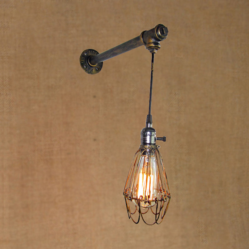Frendorf | 1 Kopf Eisen Wandlampe Rustikaler Stil Antikes Messing Käfigschatten Esszimmer Wandleuchte mit Rohr