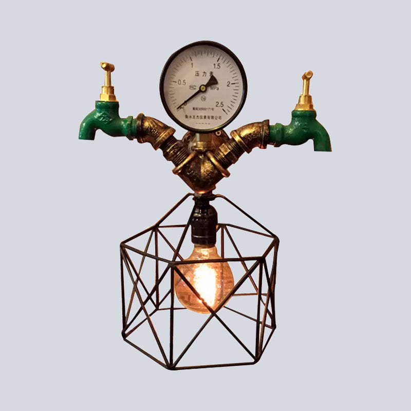 Frendorf | 1-licht Hexagon Cage Wandverlichting met Kraan en Druksensor Deco Industrieel Antiek Messing Metalen Wandlamp Licht