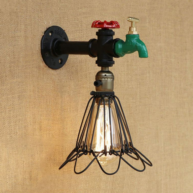 Frendorf | Schwarze Ausführung 1-Glühbirne Wand sconce Rustikales Metall Käfig Schirm Beleuchtung Armatur mit Wasserhahn und Ventil