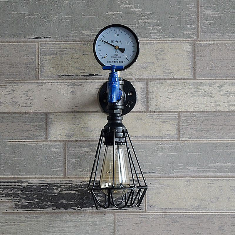 Frendorf | Industrielle Diamantkäfig Wandlampe 1 Licht Schmiedeeisen Wandbeleuchtung mit Messgerät und Wasserhahn in Silber/Blau