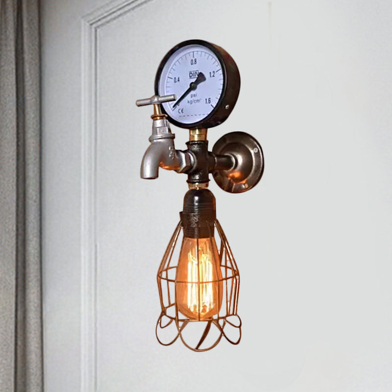 Frendorf | Industrielle Diamantkäfig Wandlampe 1 Licht Schmiedeeisen Wandbeleuchtung mit Messgerät und Wasserhahn in Silber/Blau