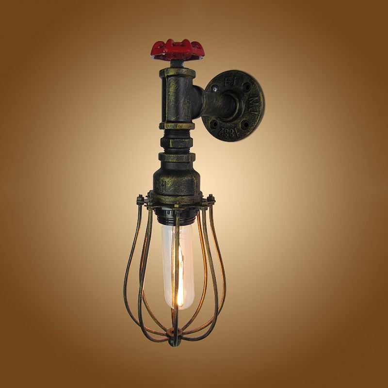 Frendorf | 1 Kopf Glühlampe geformte Wandlampe mit Drahtschutz und rohem Ventil Industrie Antik Messing Eisen Wandmontage Licht
