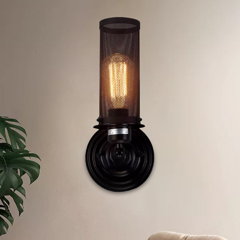 Frendorf | Zylinder Eisen Wand Sconces Beleuchtung mit Netzschirm Antik Stil 1/2-Glühbirne Bauernhaus Wandlampe in Schwarz