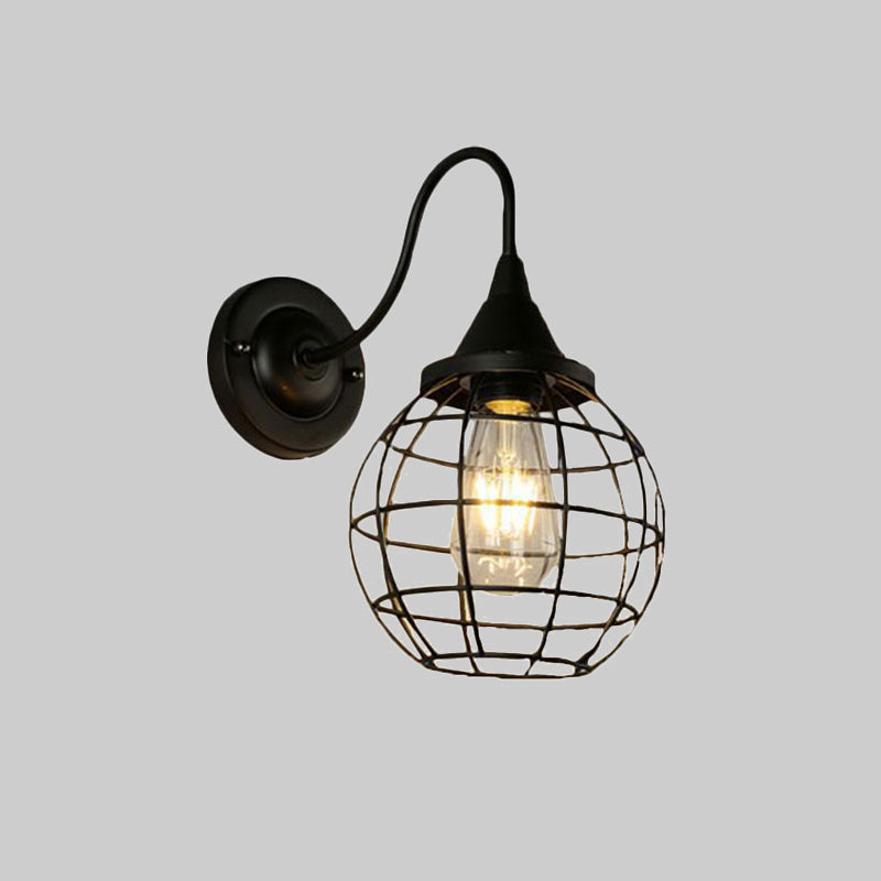 Frendorf | Rustikale Stil Ball Cage Wandbeleuchtung mit Gänneckarm 1 Glühbirne Eisen Wandleuchte in Rost/schwarz Finish