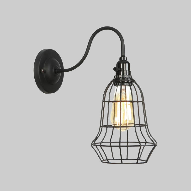 Frendorf | Industrielle Globe/Träne Käfig Wand Sconce Metall 1 Glühbirne Metallische Wandbeleuchtung mit Schwanenhalsarm in Schwarz