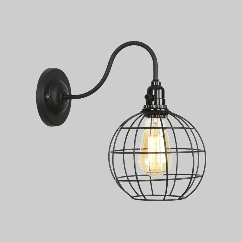 Frendorf | Industrielle Globe/Träne Käfig Wand Sconce Metall 1 Glühbirne Metallische Wandbeleuchtung mit Schwanenhalsarm in Schwarz