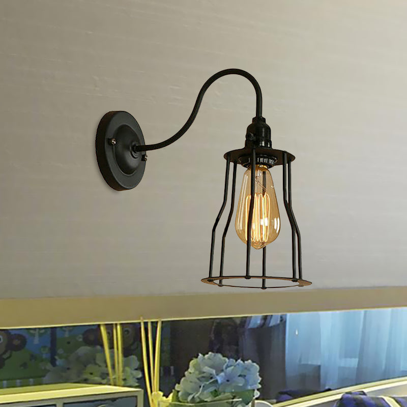 Frendorf | Gooseneck Arm Iron Wand Lichtarmatuur mit Kegel/Zylinder/Scheunen Käfig Schirm Industriell 1 Kopf Wohnzimmer Wandmontage Licht in Schwarz