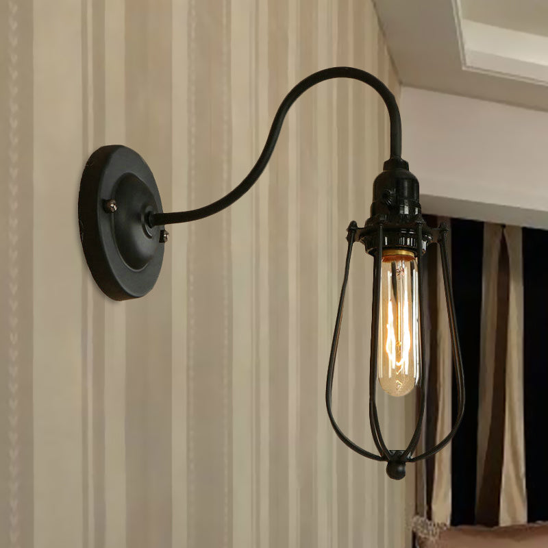 Frendorf | Metallische Oval-/Tröpfchen-/Glühbirnen-Wandleuchte mit Drahtschutz Industrie 1 Licht Balkon Wandleuchte montiert in Schwarz