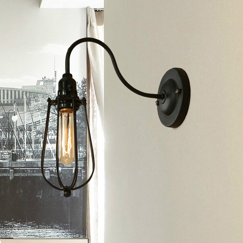 Frendorf | Metallische Oval-/Tröpfchen-/Glühbirnen-Wandleuchte mit Drahtschutz Industrie 1 Licht Balkon Wandleuchte montiert in Schwarz