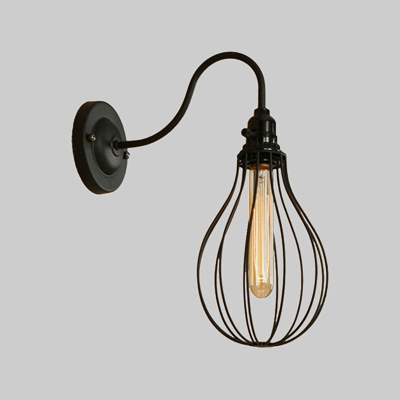 Frendorf | Metallische Oval-/Tröpfchen-/Glühbirnen-Wandleuchte mit Drahtschutz Industrie 1 Licht Balkon Wandleuchte montiert in Schwarz