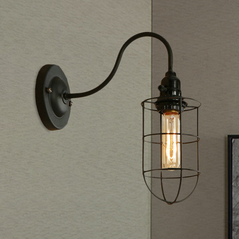 Frendorf | Metallische Oval-/Tröpfchen-/Glühbirnen-Wandleuchte mit Drahtschutz Industrie 1 Licht Balkon Wandleuchte montiert in Schwarz